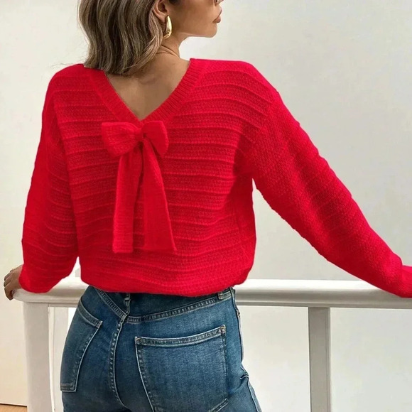 Red Casual Women's Elegant Bowknot Decor Drop Shoulder Sweater - Picture 2 of 6